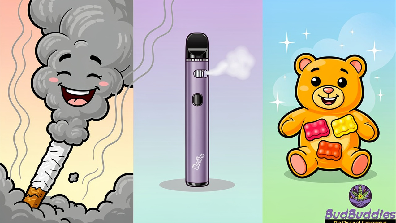 Cartoon comparing weed smell from joints, vapes, and edibles