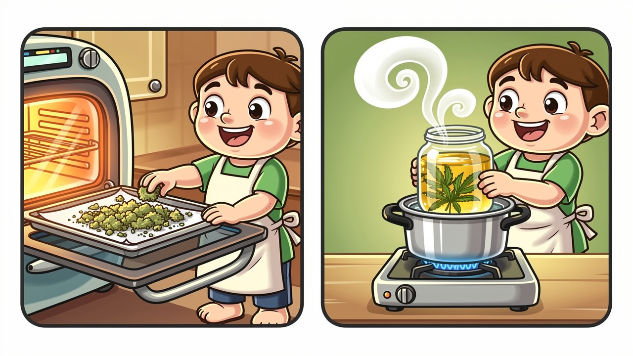 Cartoon showing decarboxylation and oil infusion steps