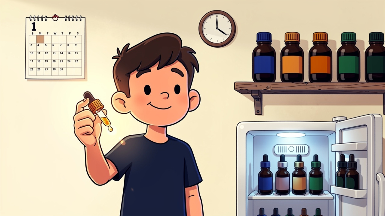 Cartoon character storing cannabis oil in dark glass bottles