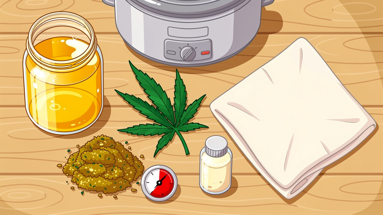 Cartoon layout of cannabis oil making ingredients and tools