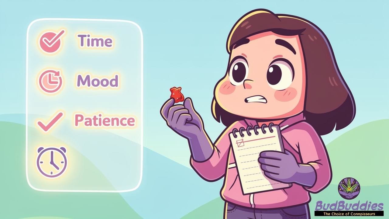 Cartoon character carefully tracking cannabis dose for overthinking