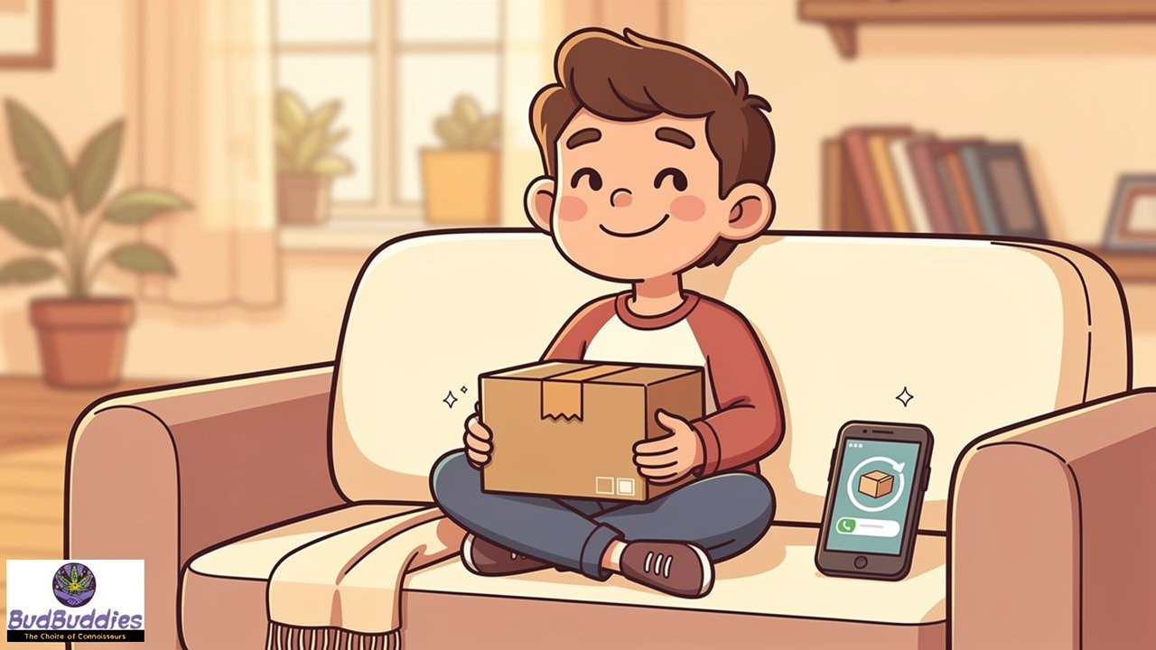Cartoon person tracking discreet cannabis delivery in Manchester flat