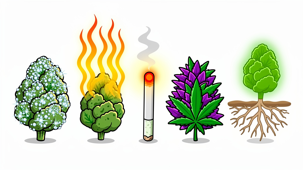 Cartoon showing five key quality markers of piff cannabis