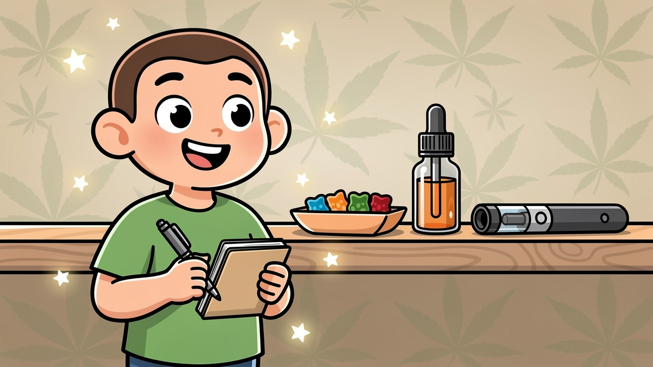 Cartoon character planning safer cannabis sessions with CBD products