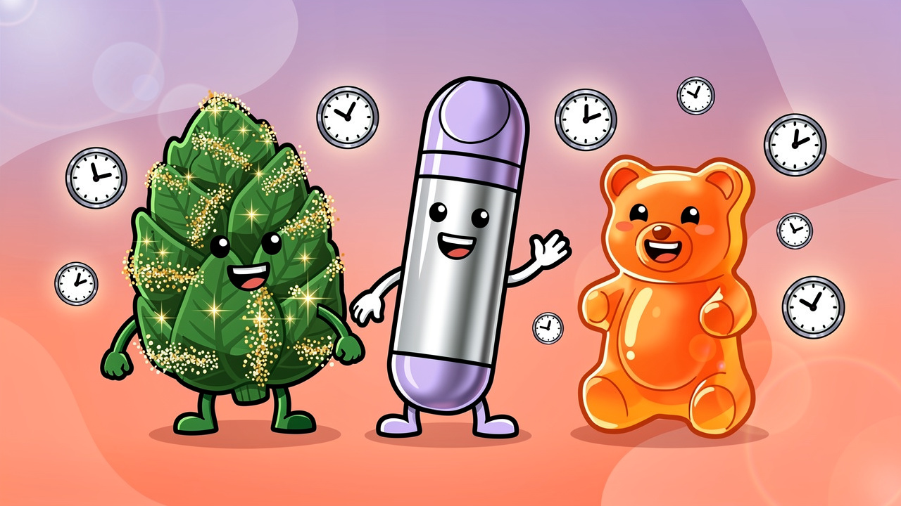 Cartoon cannabis flower, vape, and edible gummy comparison