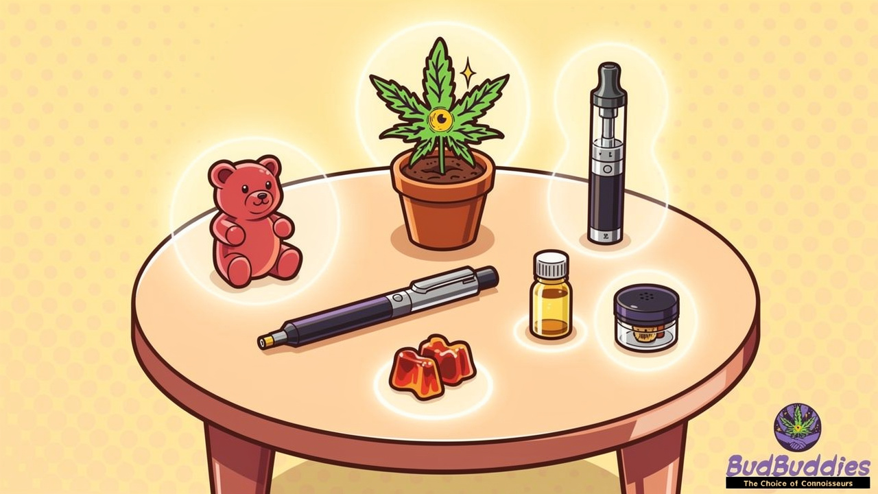 Cartoon display of cannabis flower, edibles, vape, and CBD oil