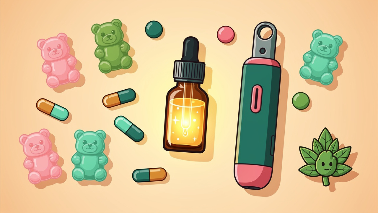 Cartoon display of cannabis oils, edibles, capsules and vapes