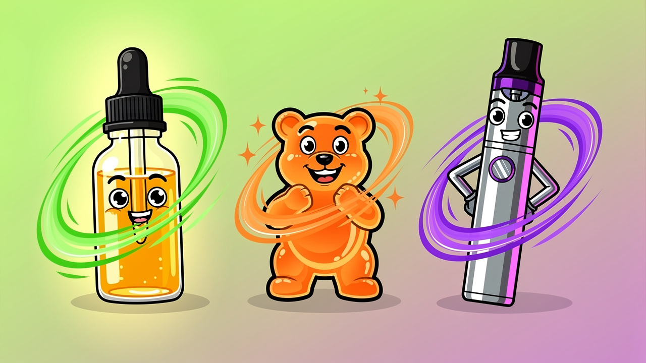 Cartoon cannabis oil, gummy and vape product characters
