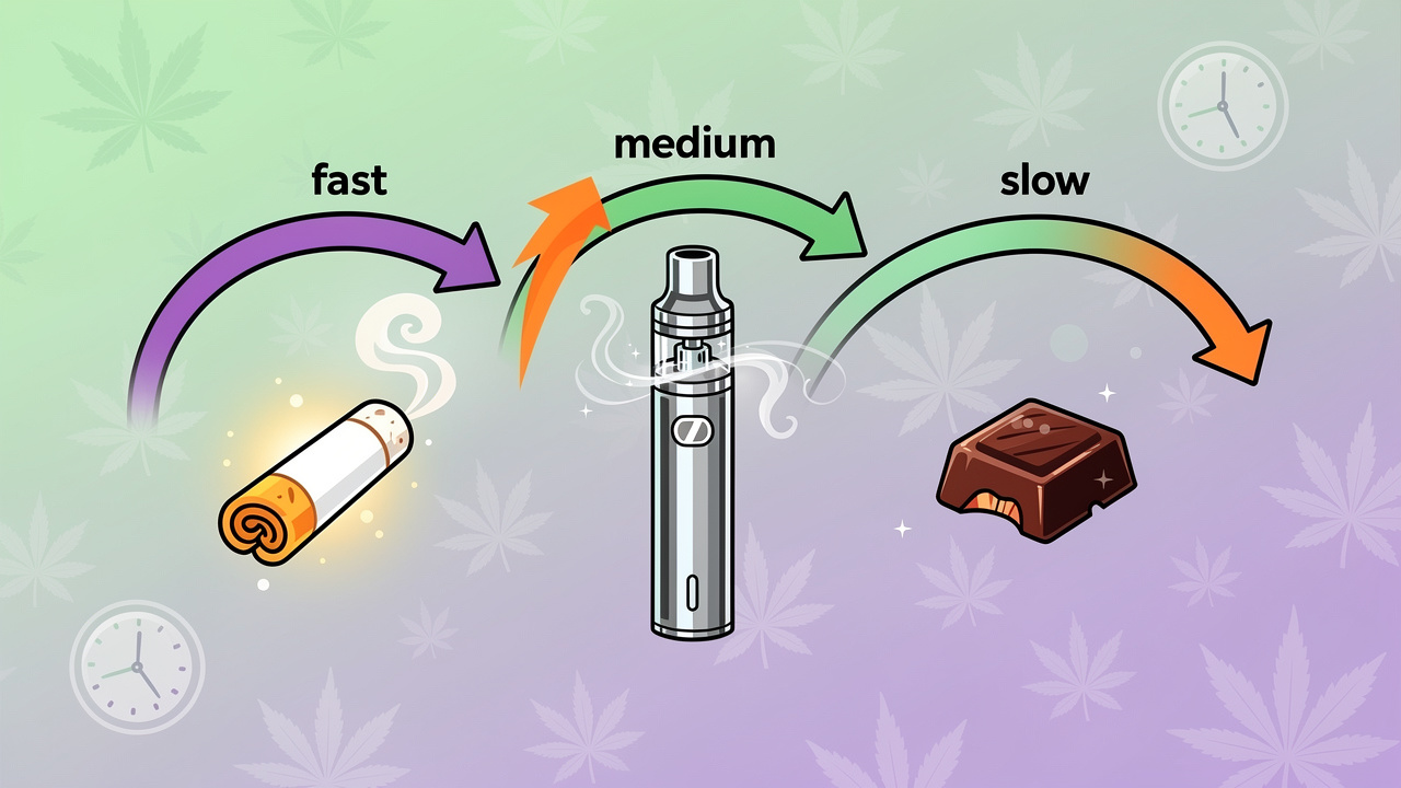 Cartoon showing cannabis flower vape and edible onset times