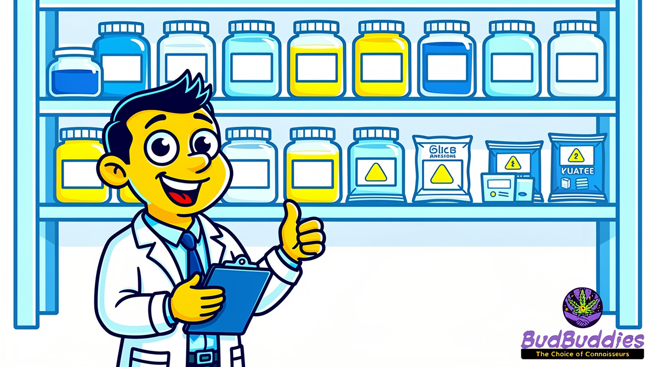 Cartoon scientist approving tested cannabis products on laboratory shelf