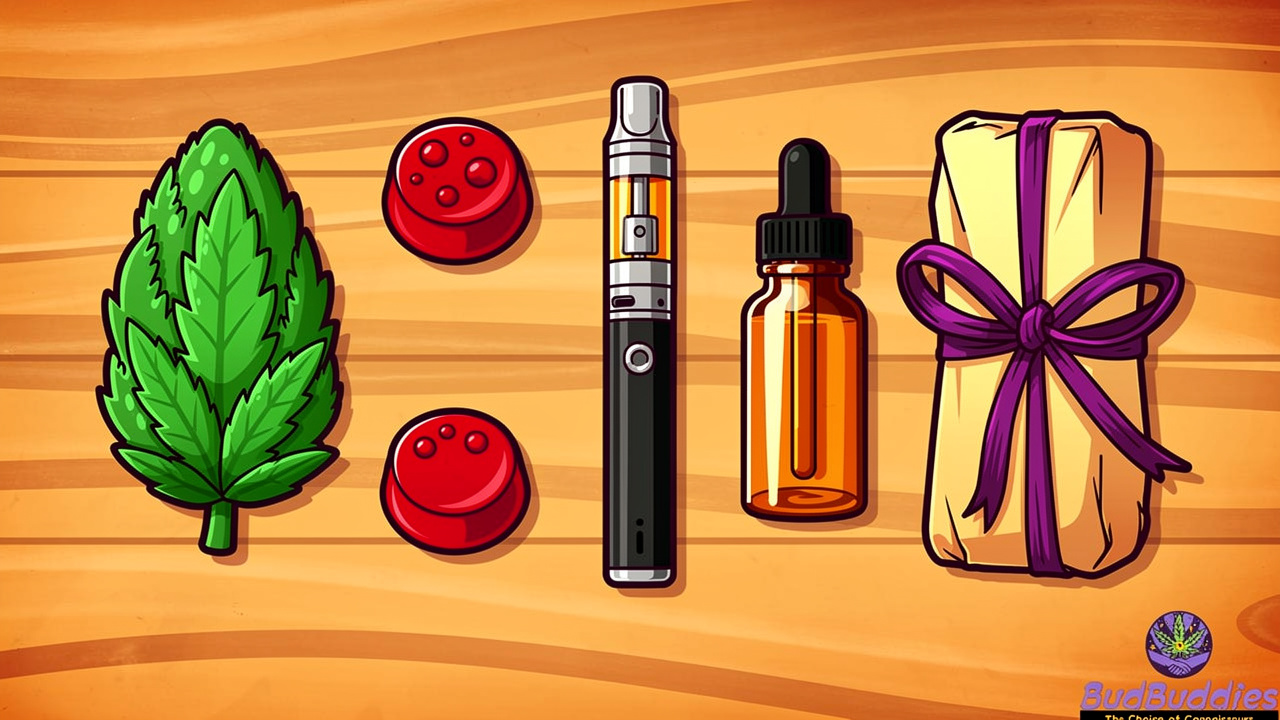 Colourful cartoon assortment of cannabis flowers, edibles, and vapes