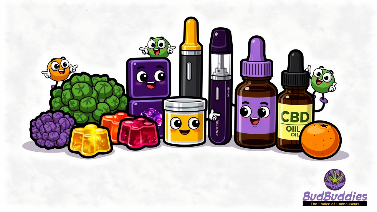 Cheerful cartoon showing diverse cannabis product formats and types available