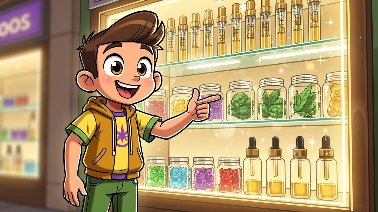Cartoon character exploring a range of cannabis vape and flower products