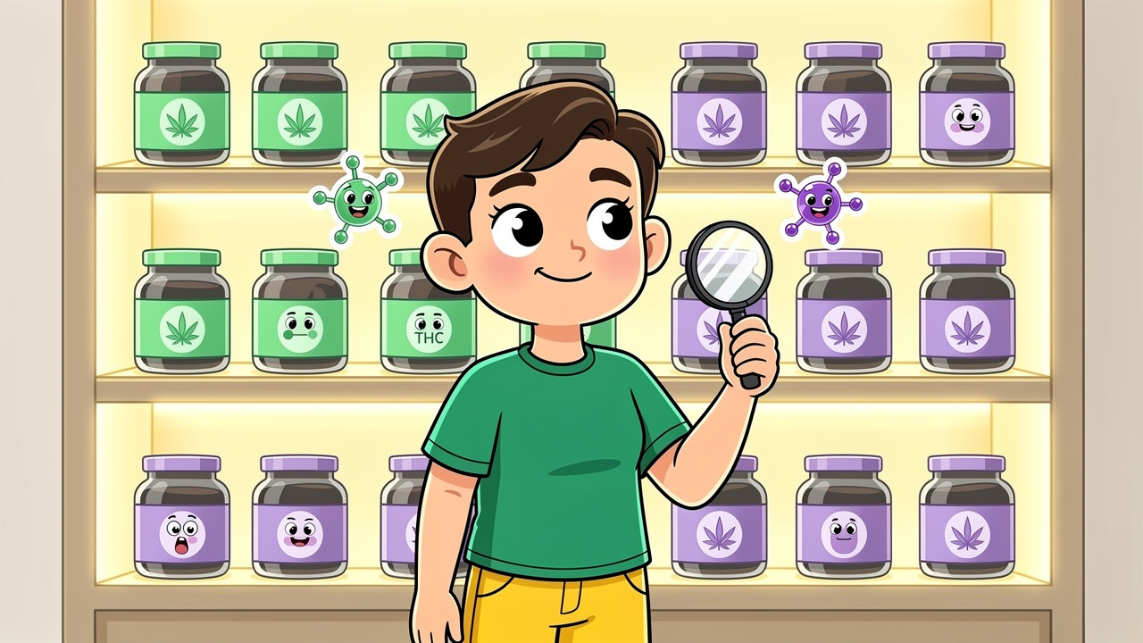 Cartoon character choosing balanced CBD and THC cannabis products