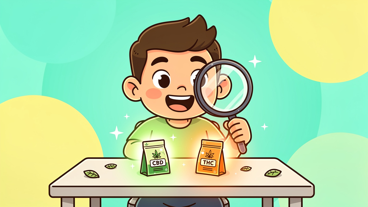 Cartoon character carefully choosing cannabis products based on THC and CBD content
