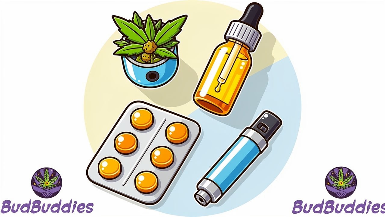 Cartoon cannabis flower oil capsules and vape cartridge options