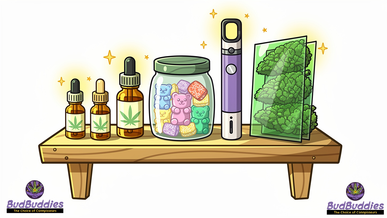Cartoon display of cannabis edibles, vapes, CBD oil, and flower