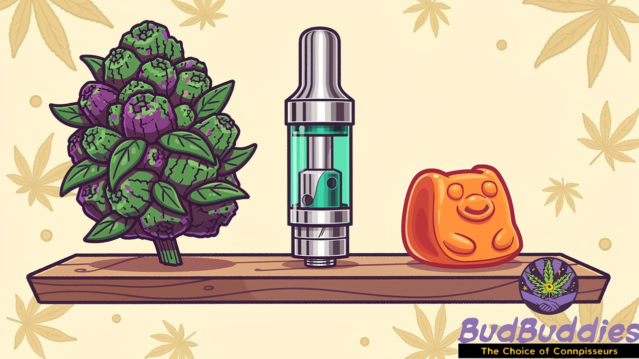 Cartoon display of cannabis flower, vape and edible products