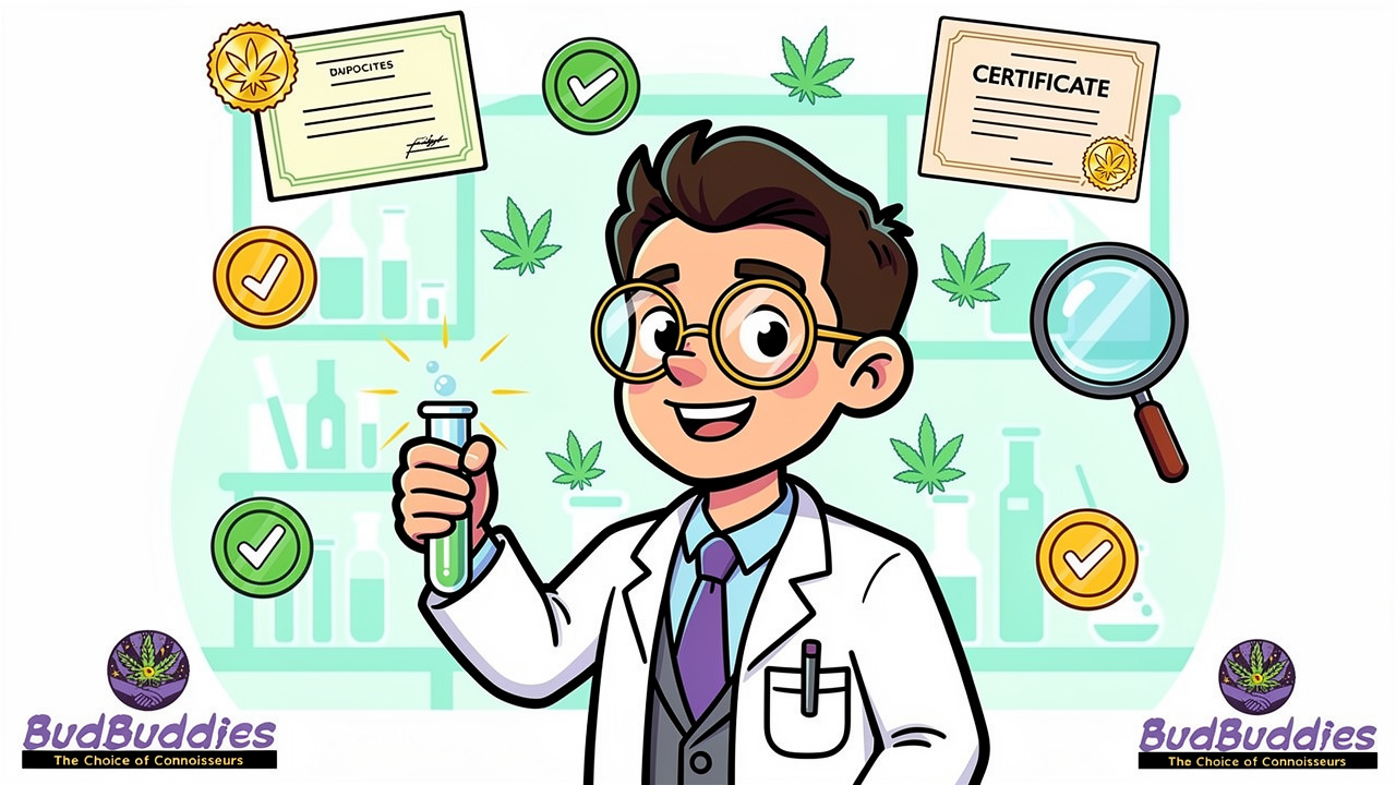 Cartoon scientist checking cannabis product quality in laboratory