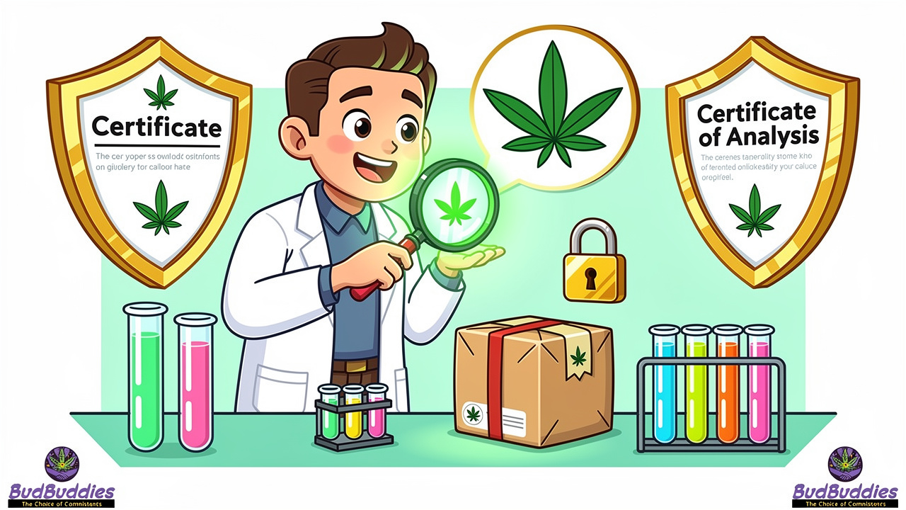 Cartoon scientist checking cannabis quality with privacy and lab testing