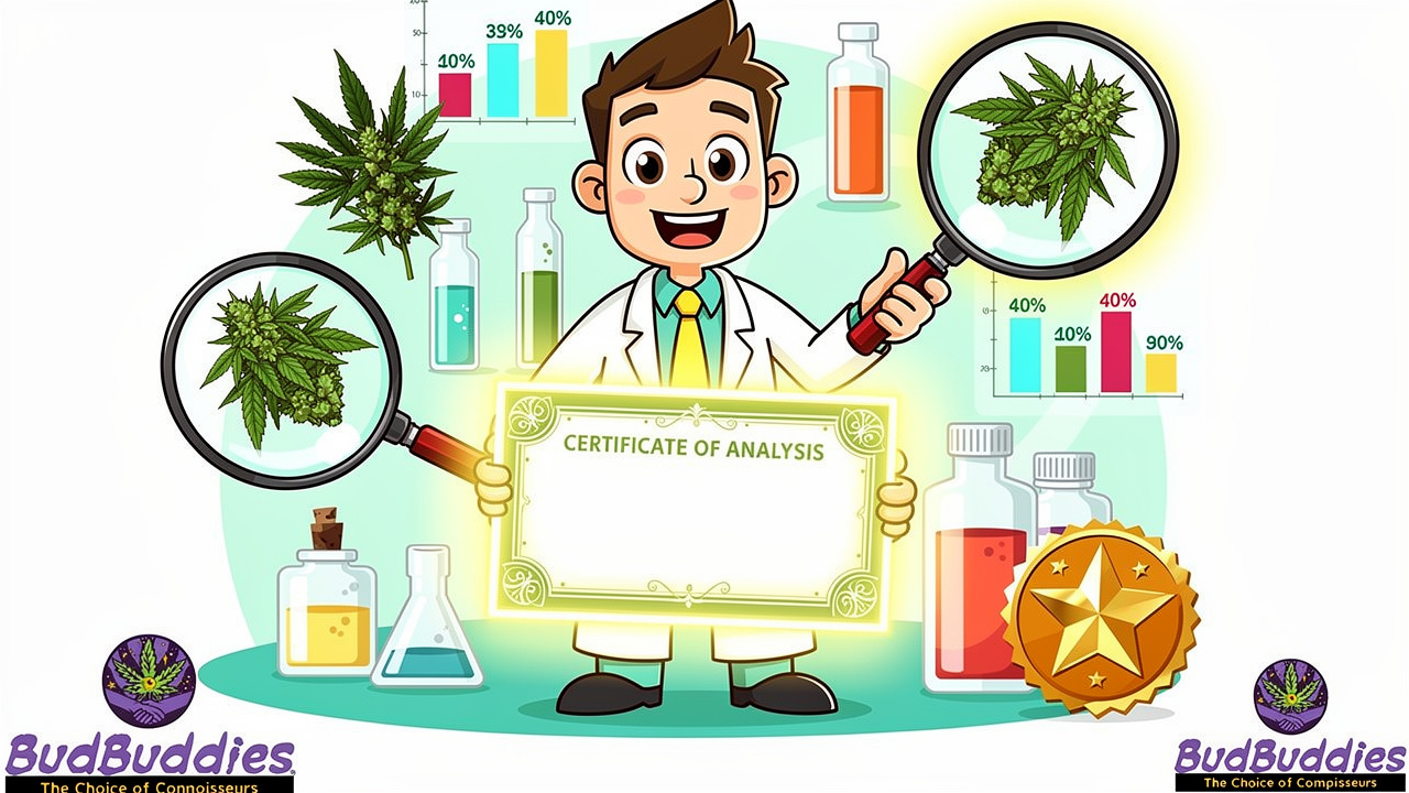 Cartoon scientist checking cannabis quality and lab results