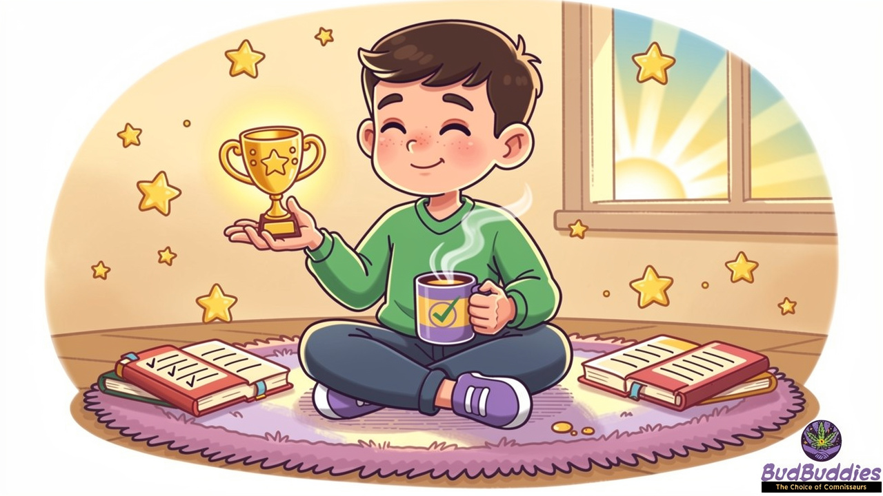 Cartoon student celebrating study success with cannabis reward