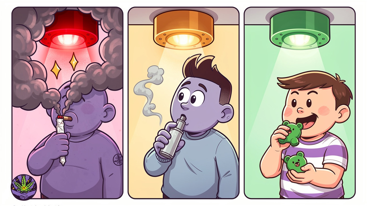 Cartoon comparison of cannabis formats and smoke alarm risk levels