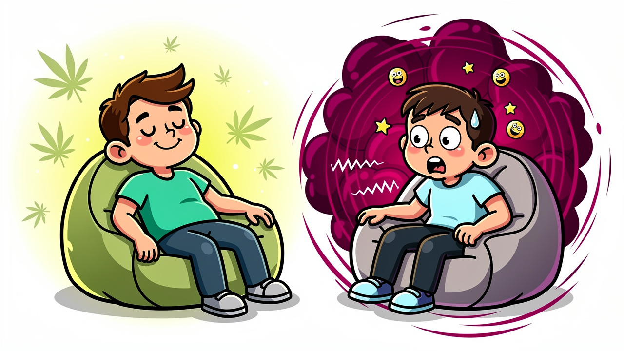 Two cartoon characters showing different reactions to cannabis