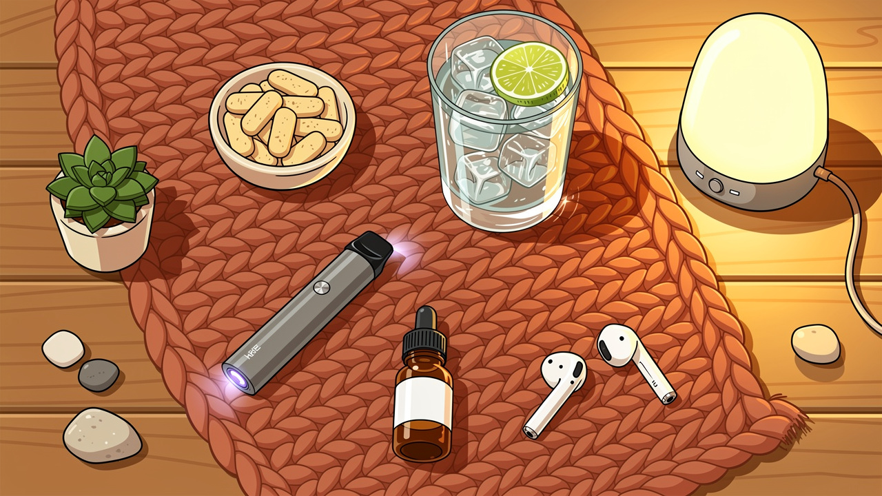 Cartoon flat lay of calm cannabis session preparation with CBD