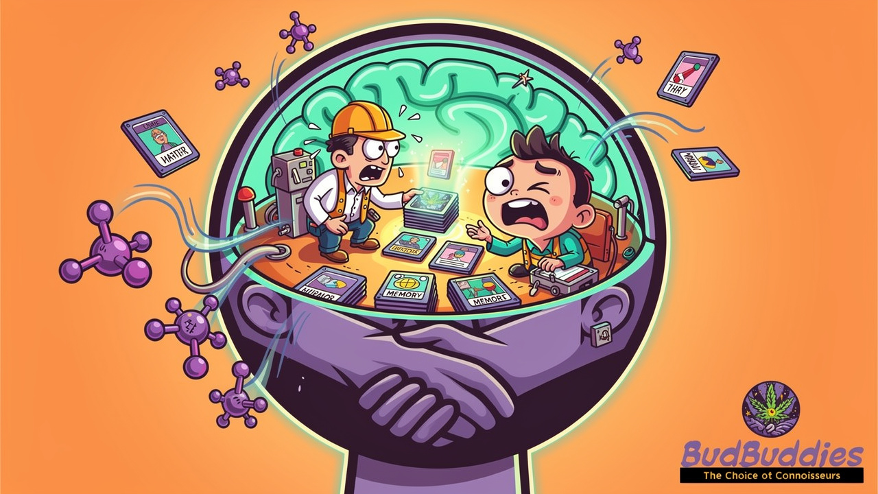 Cartoon showing THC affecting memory in tired brain