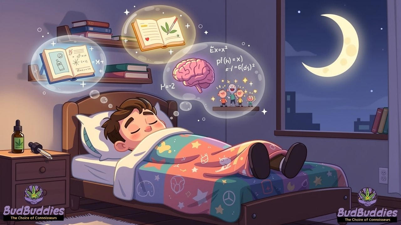 Cartoon student sleeping with dream bubbles showing memory consolidation