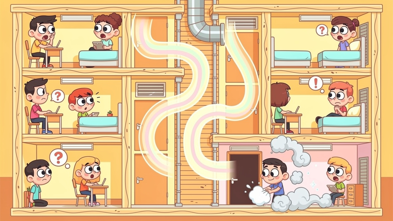 Cartoon showing cannabis smell drifting through shared student halls