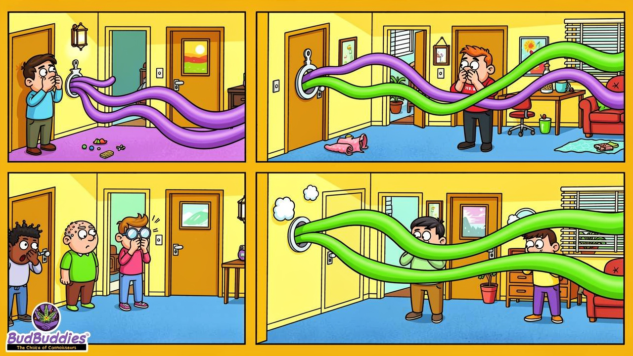 Cartoon showing cannabis smell drifting through shared flat vents