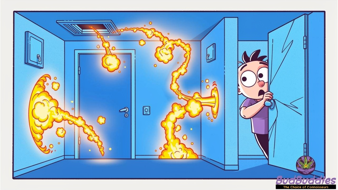 Cartoon smoke particles drifting through a shared flat corridor