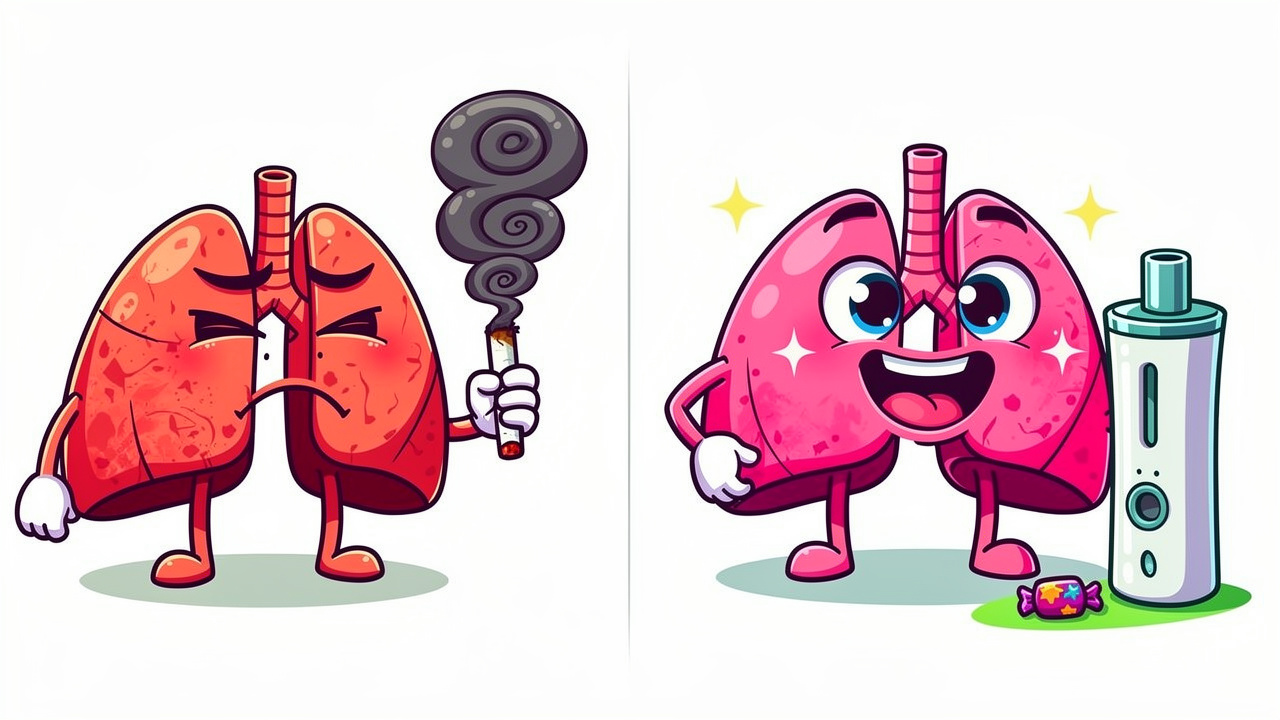 Cartoon lungs comparing cannabis smoking and vaping effects