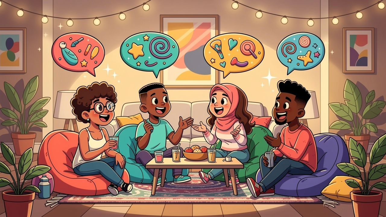 Cartoon group enjoying lively conversation at a social gathering