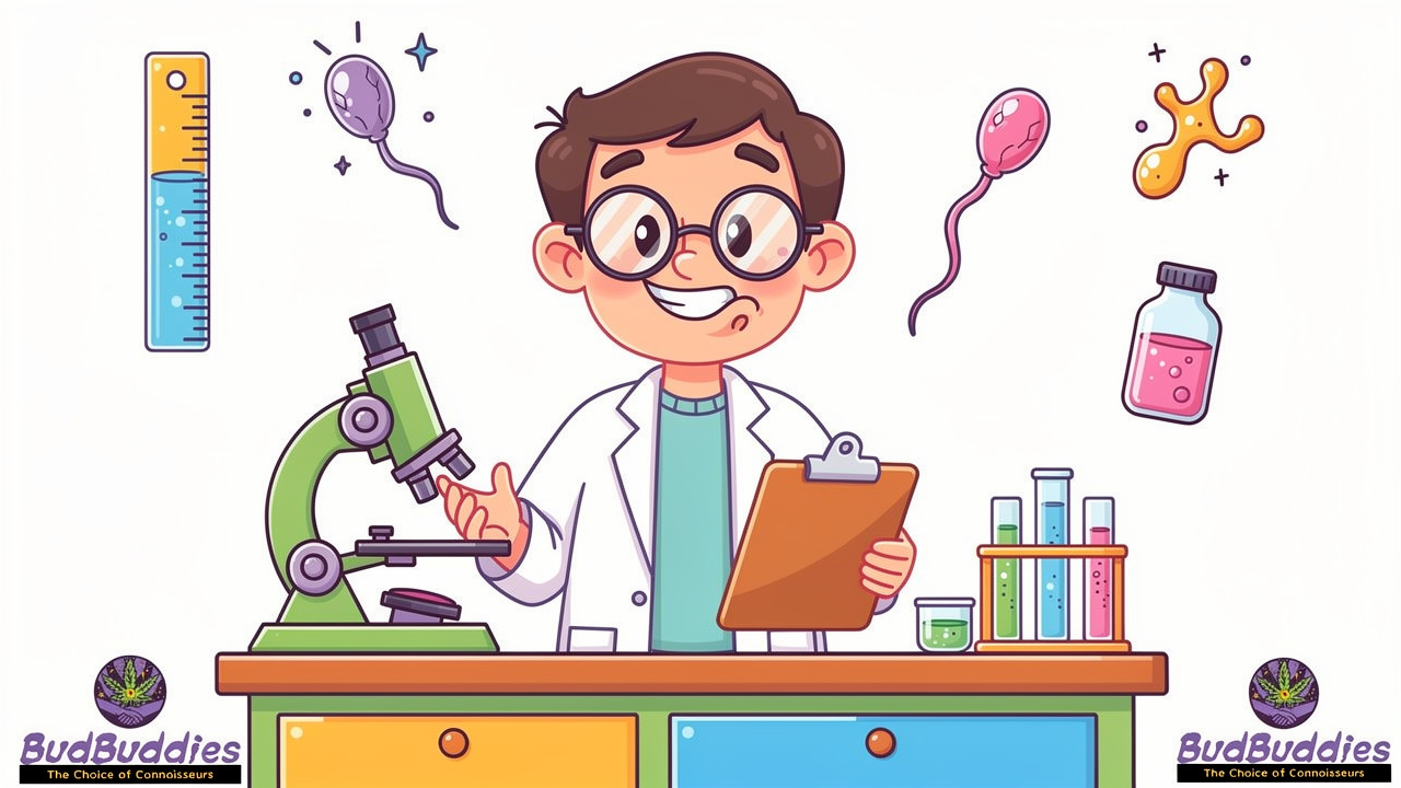 Cartoon scientist reviewing sperm health research findings