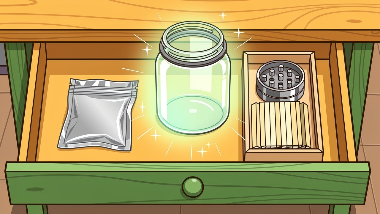 Cartoon airtight glass jars for cannabis storage in student flat