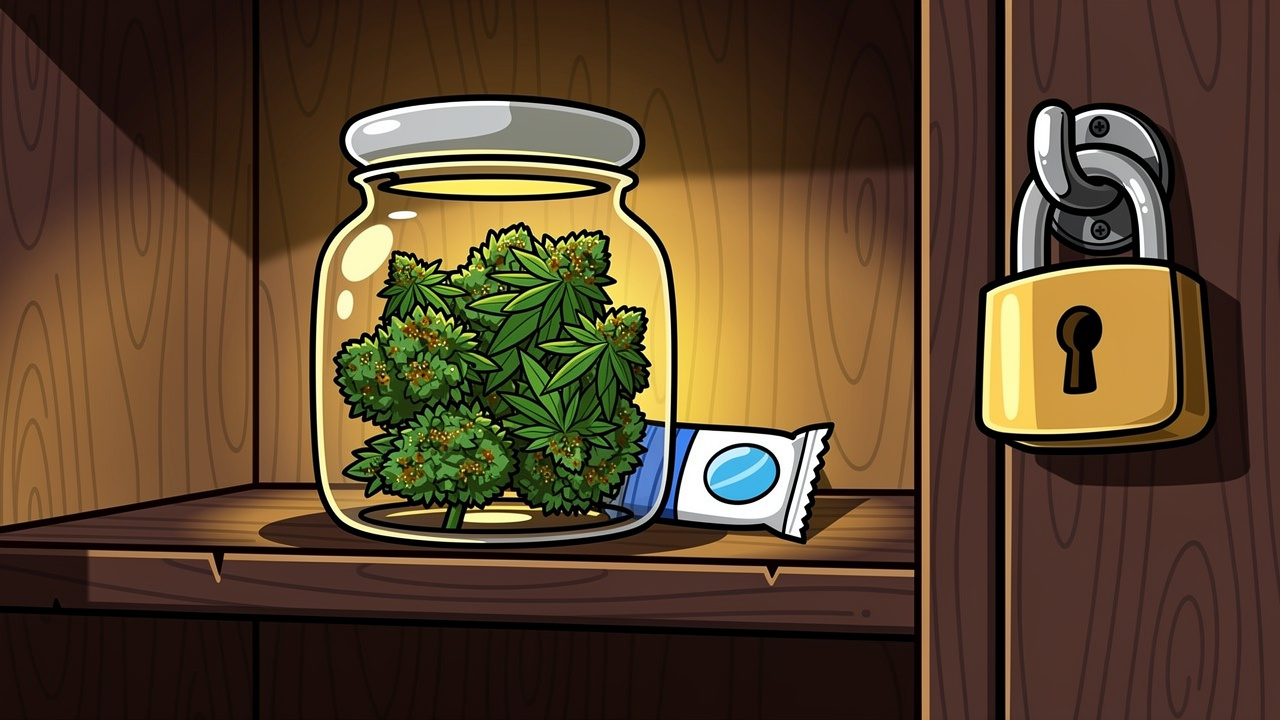 Cartoon glass jar storing cannabis in dark cupboard