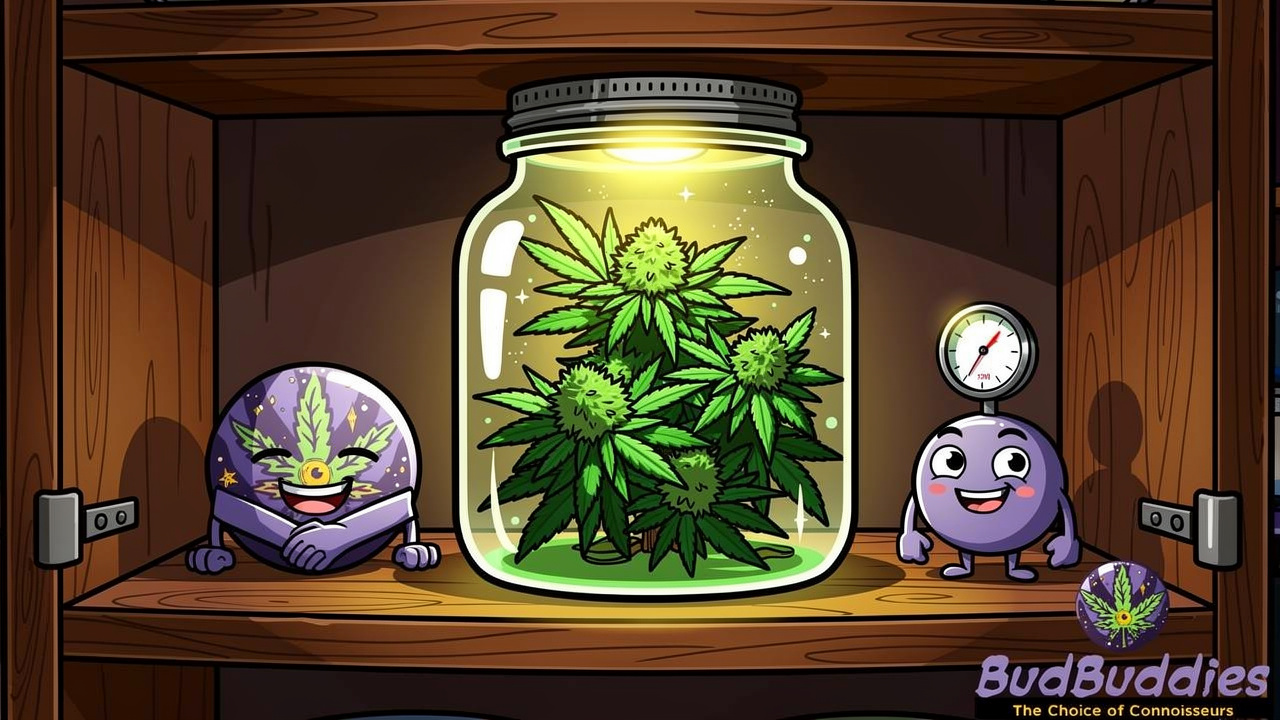 Cartoon glass jar with cannabis and humidity pack