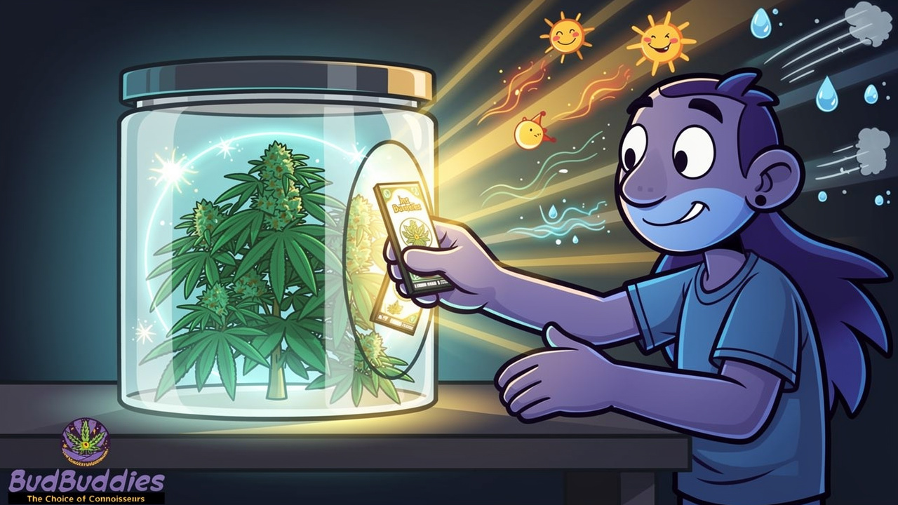 Cartoon illustration of proper cannabis storage in airtight container