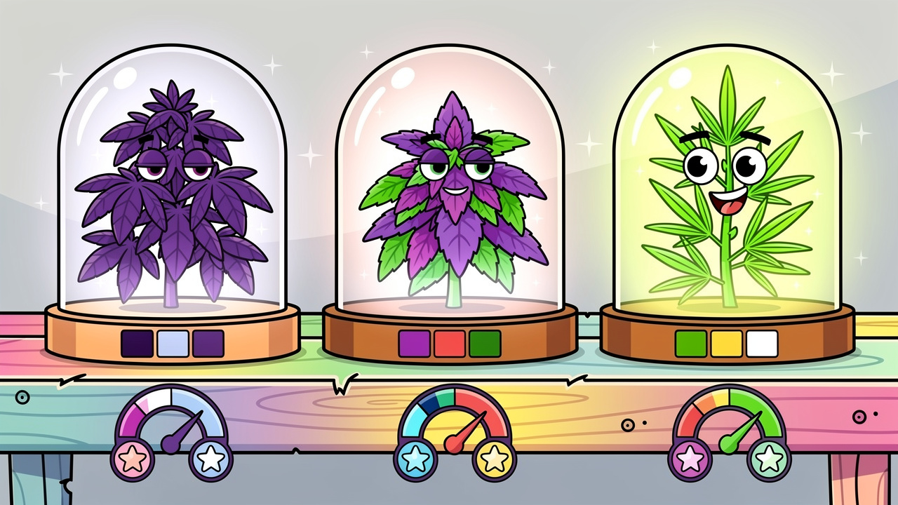 Cartoon display of indica sativa and hybrid cannabis strains for beginners