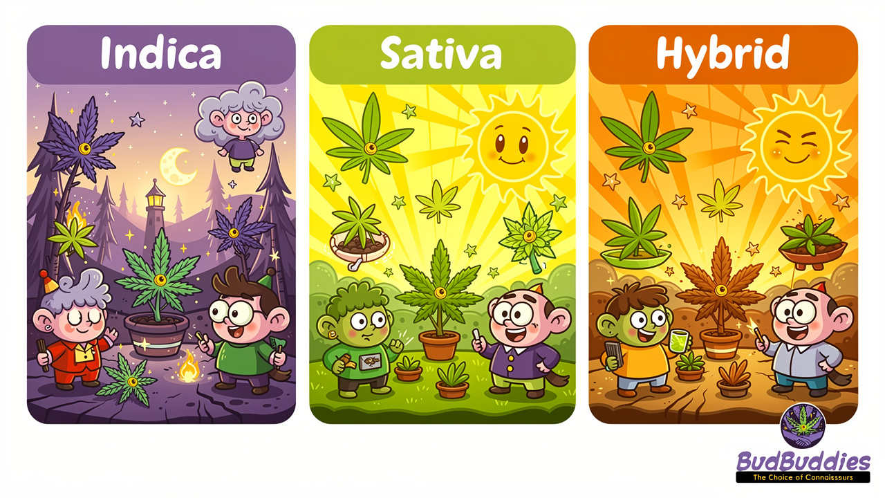 Cartoon illustration of Indica, Sativa, and Hybrid cannabis strains
