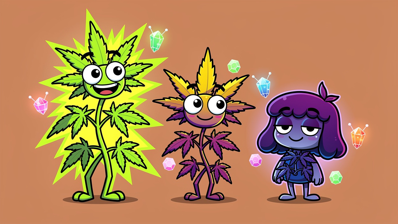 Cartoon sativa indica and hybrid cannabis strain characters