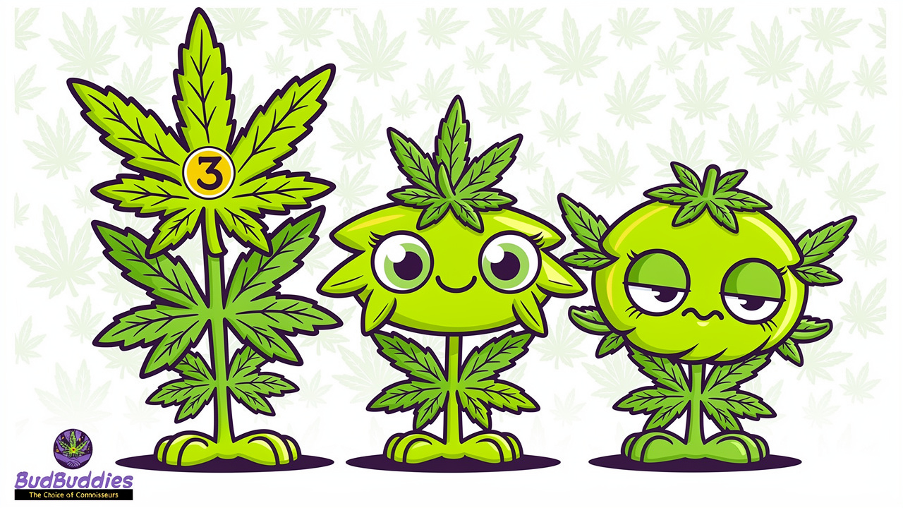 Cartoon sativa indica and hybrid cannabis strain characters