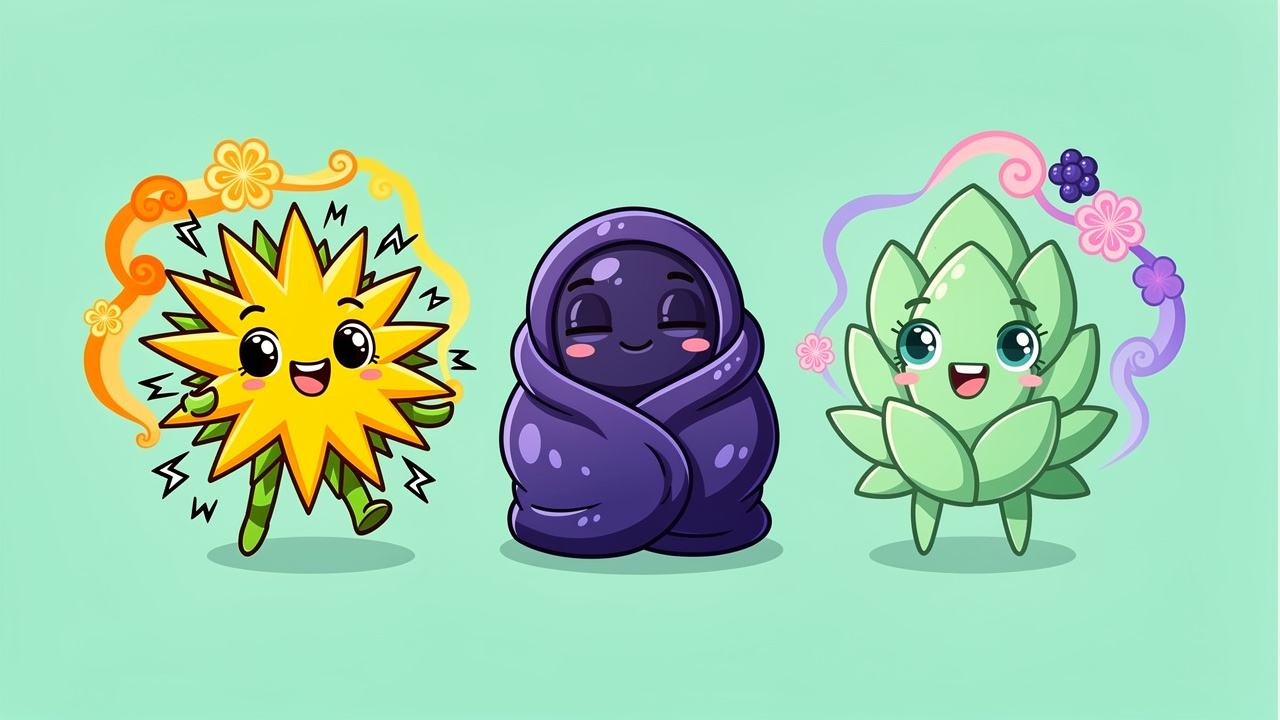 Cartoon cannabis strain characters sativa indica and hybrid
