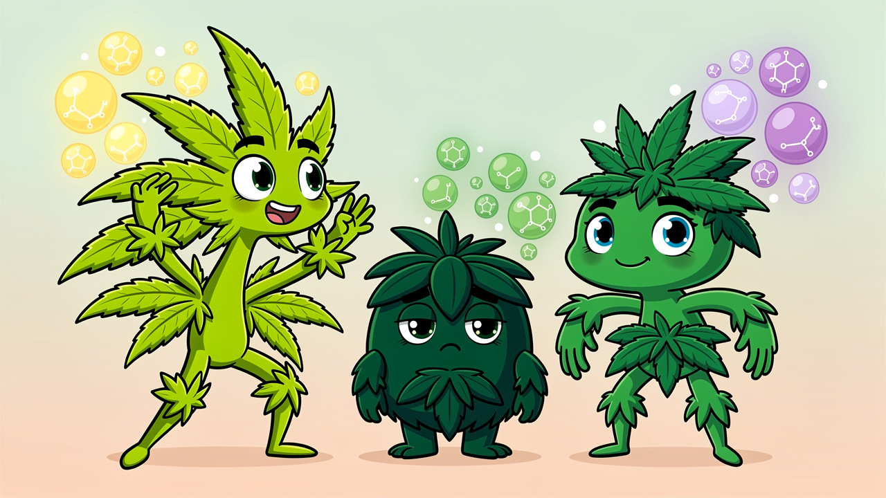 Cartoon cannabis strain characters showing sativa indica hybrid differences