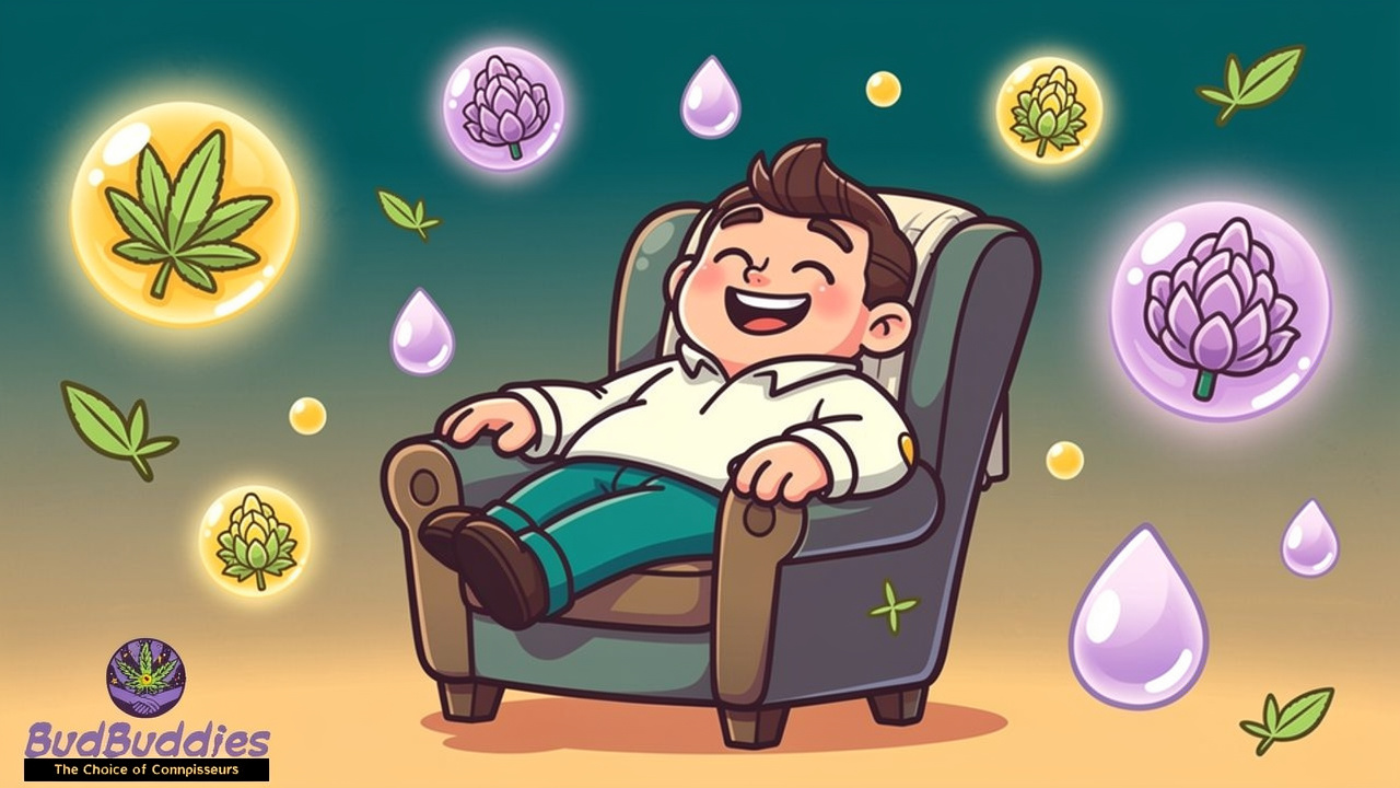 Cartoon illustration of calming cannabis strains and terpene profiles