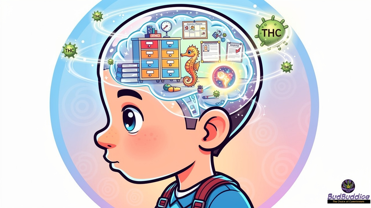 Cartoon illustration of cannabis effects on student brain regions