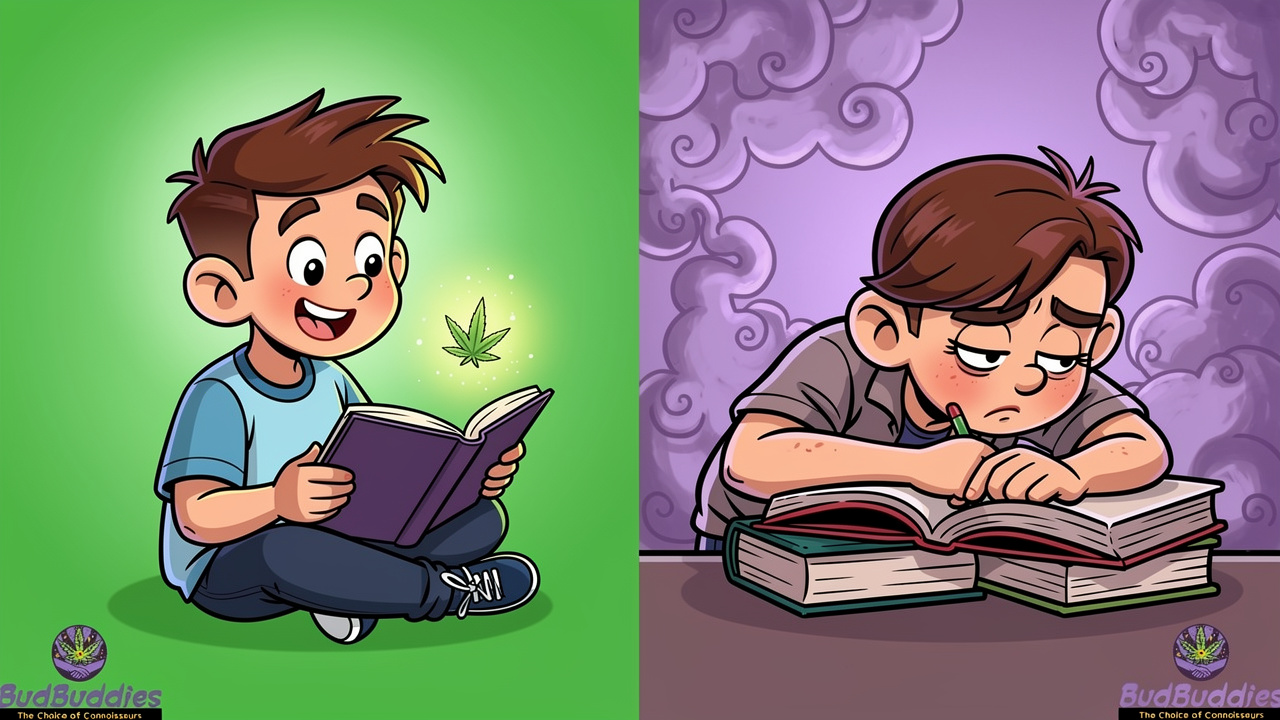 Cartoon showing cannabis helping versus hindering studying